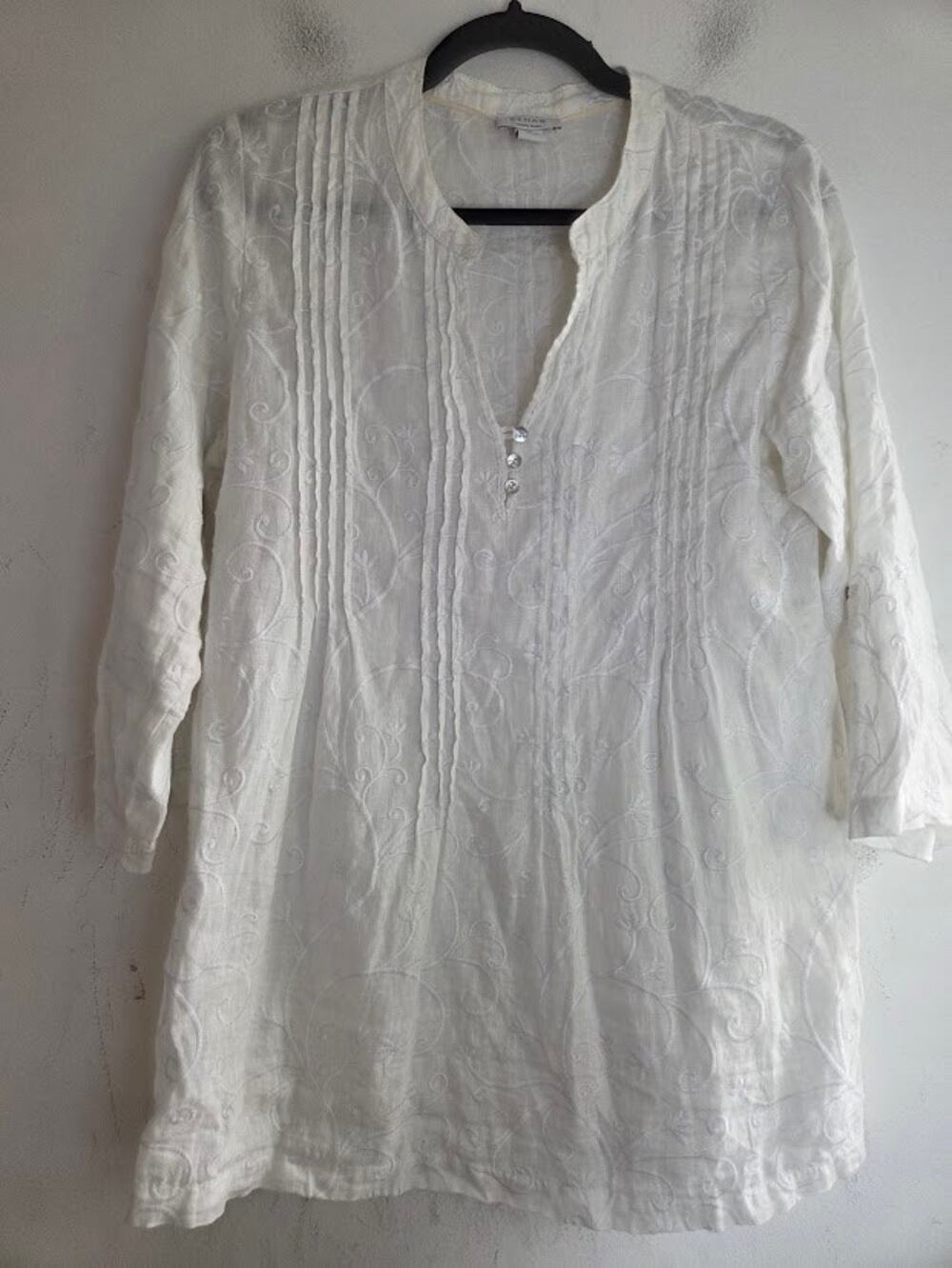 Kenar White 100% Linen V-Neck Floral Embroidery Tunic Blouse size Medium